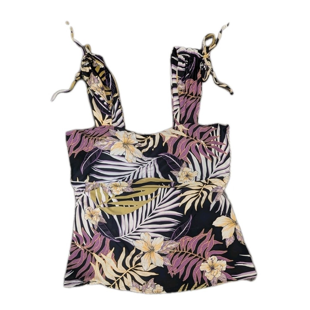 Palm Leaf Tankini Swim Top XL Pushup Wide Strap Tropical Hawaii Poolside Coastal